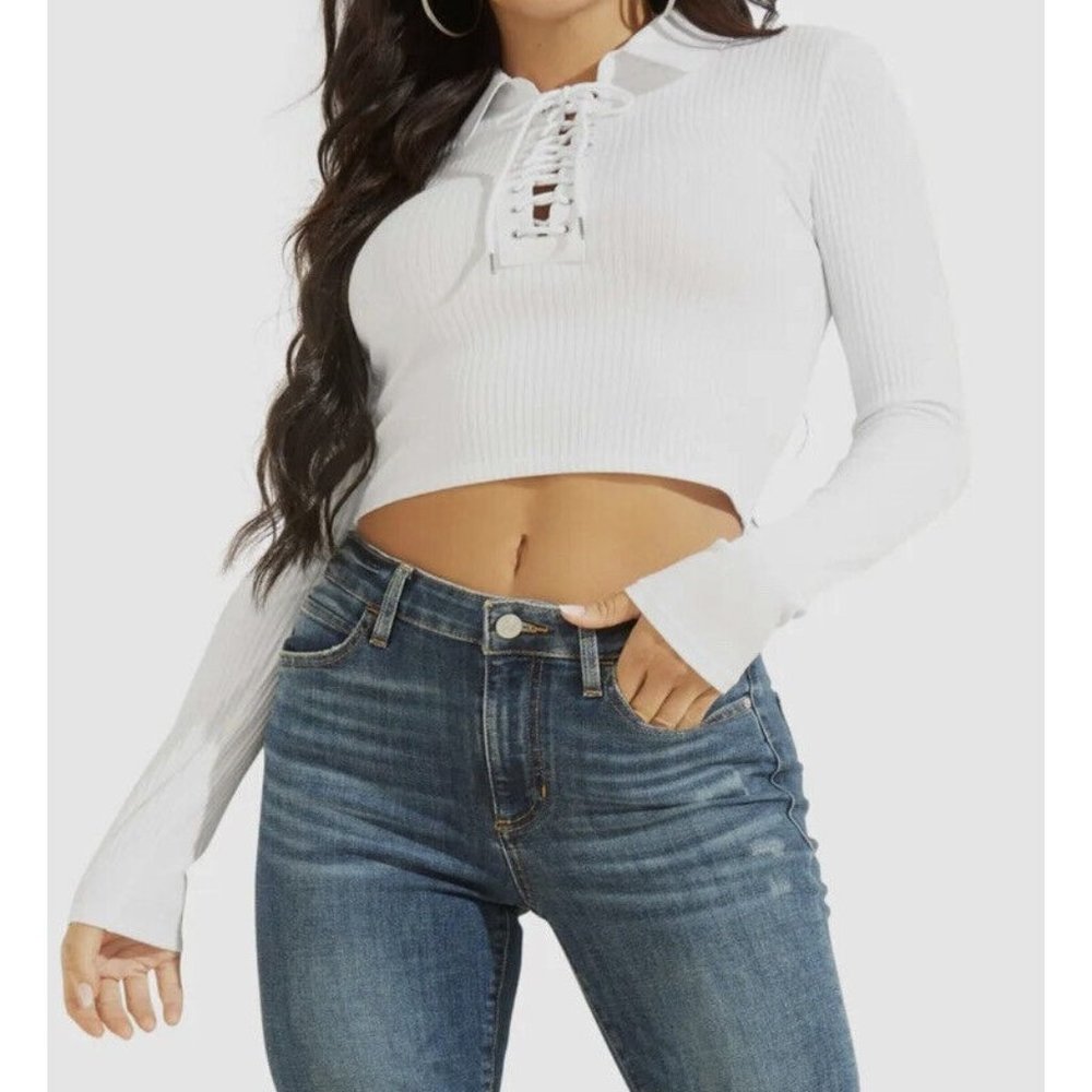 Guess Women's Long-Sleeves Jordin Cropped Lace Up Top White Size S